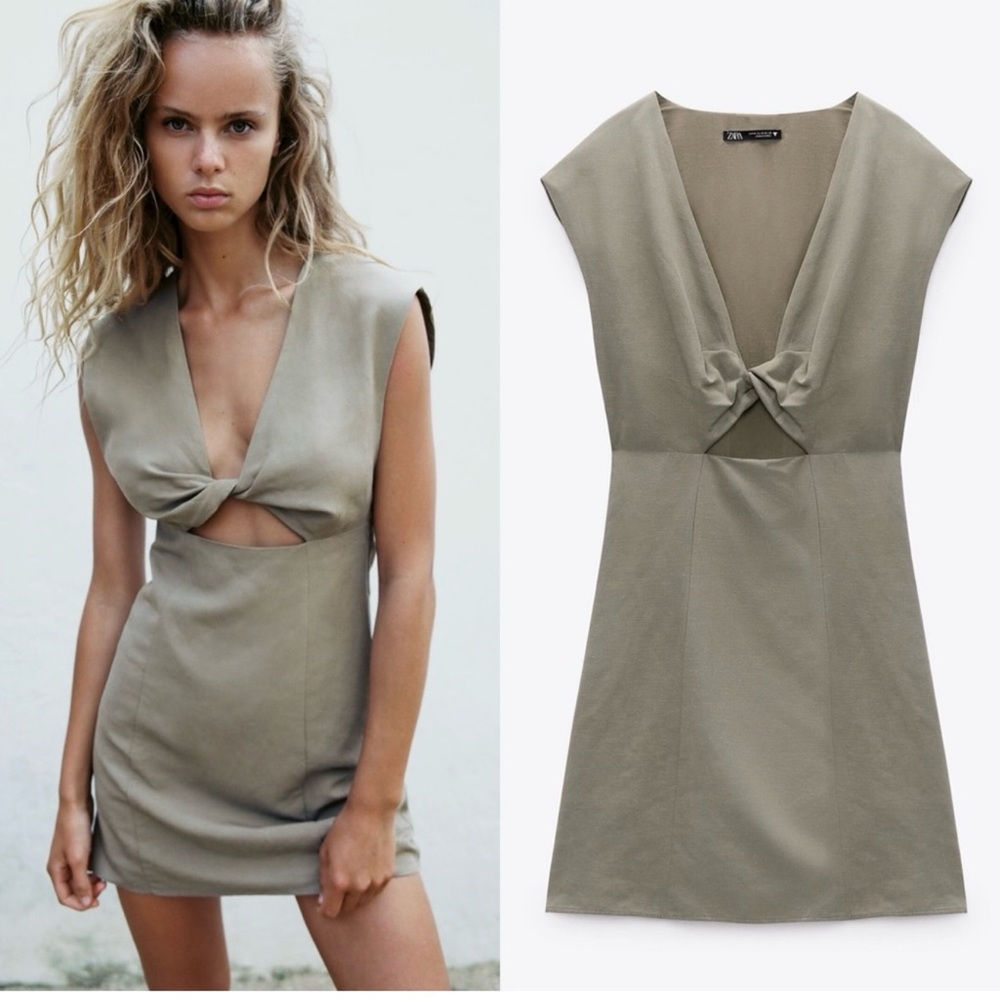 Zara Green Sheath Mini Dress with Plunge Neckline